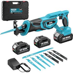 SEESII Sega a Gattuccio, Seghetto A Batteria 21 V, motore brushless 3000 RPM, 2 batterie da 4,0Ah e 8 lame Per legno, metallo, PVC, Sega alternativa per cantiere e giardino