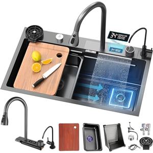 DSMRLEOP - Lavello da cucina nero a cascata, 80 x 45 cm, vasca singola, in acciaio inox, rettangolare, sifone, troppopieno e scarico, multifunzione, moderno lavello a cascata con set di accessori