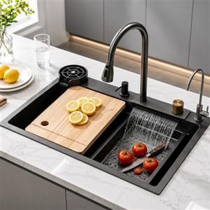 DSMRLEOP Lavello da cucina nero in acciaio inox, 80 x 50 cm, multifunzione con rubinetto a cascata estraibile, lavastoviglie ad alta pressione, sifone con cestello di scarico, troppopieno e scarico