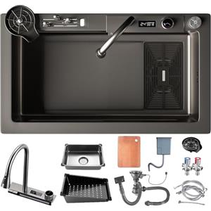 DSMRLEOP - Grande lavello singolo da cucina in acciaio inox, stile rustico a cascata di colore nero, postazione di lavoro con display digitale e rubinetto estraibile, set da 13 pezzi (70 x 46 cm)