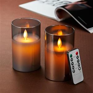 Lonkenn Candele LED 2 pezzi, Flickering Flameless Candele, Candele a Batteria with Glass con Telecomando a 10 Tasti, Realizzato in Vera Paraffina,con Funzione Timer 24 Ore per Decorazione, Festa-10cm Grigio