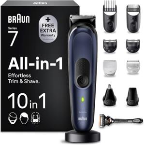 Braun REGOLABARBA STYLING KIT, Tagliacapelli Uomo, Rasoio Elettrico Barba e Capelli, 10-in-1 per Barba, Capelli, Corpo, Naso e Orecchie, 100 Minuti Di Utilizzo, Idea Regalo, MGK7410 Blue
