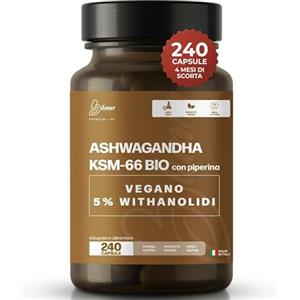 Bluma Ashwagandha KSM-66® con Piperina 240 Capsule 4 Mesi 600 mg al Giorno per Stress Cortisolo Sonno Focus Relax Equilibrio Mentale Benessere Psicofisico 5% Withanolidi Vegano