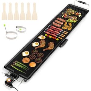 COSTWAY 1800W Griglia Elettrica, Griglia Antiaderente da Banco con Temperatura Regolabile, Termostati e Vassoio di Sgocciolamento, per Interni e per Esterni (100 x 22 cm)