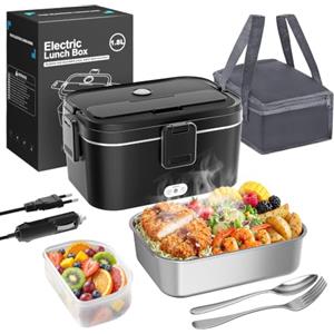 AOKBON Scaldavivande Elettrico Portatile 120W 1,8L per Auto Casa e Camion | Rimovibile in Acciaio Inox 304, Riscaldamento Rapido, Facile da Pulire, 12V/24V/240V, Forchetta Cucchiaio e Borsa, 0.45L Box