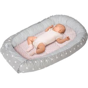 Medi Partners Riduttore Lettino Neonato - 100x60x15 Nido Antisoffoco Neonati Bozzolo Culla per Bebè neonata bilaterale Cuscino 100% Cotone Minky (Stelle grigie con minky rosa chiaro)
