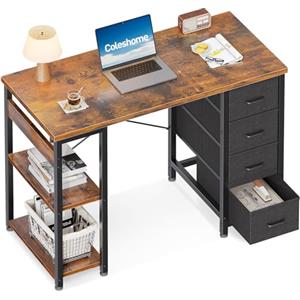 Coleshome Piccola Scrivania con 4 Cassetti in Tessuto, 100x40cm Scrivania con Ripiani Reversibili, Tavolo per Computer con Supporto per Cuffie, Tavolo da Studio per Ufficio, Camera da Letto, Marrone