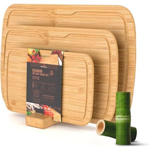 KitchenBoss Bambù Tagliere Legno con Scanalatura, Set di 3 Tagliere da Cucina38x25cm/33x20cm/25x15cm Cutting Board Duraturo per Carne, Verdure e Pane