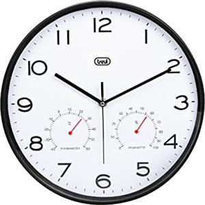 Trevi OM 3510 T Orologio da Parete con Termometro e Igrometro per Temperatura e Umidità, Lancette silenziose, Diametro 30 cm, Design moderno, Formato rotondo, Nero