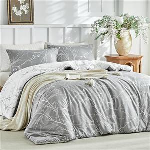 Tokokimo Copripiumino 140 x 200 cm, con 1 federa 65 x 65 cm, motivo ramo, reversibile, biancheria da letto 140 x 200 cm, copripiumino con chiusura lampo, grigio/bianco