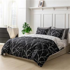 Tokokimo Copripiumino 220 x 240 cm, 100% microfibra, stile foglie, morbido e resistente alle pieghe, 1 copripiumino motivo foglia + 2 federe 65 x 65 cm, nero/bianco