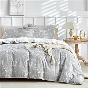 Tokokimo Copripiumino 220 x 240 con 2 federe 65 x 65 cm, motivo ramo reversibile, set da letto 220 x 240 cm, 100% microfibra, copripiumino con cerniere, grigio bianco