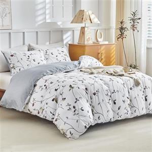 Tokokimo Copripiumino 220 x 240 con 2 federe 65 x 65 cm, motivo rami e foglie, set da letto 220 x 240 cm, 100% microfibra, copripiumino con chiusura lampo, bianco e grigio