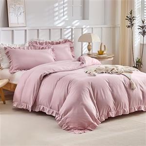 Tokokimo Foglia di Lotus - Copripiumino 220 x 240 con 2 federe 65 x 65 cm, modello a balze, set da letto 220 x 240 per adulti, 100% microfibra, copripiumino con cerniere, rosa