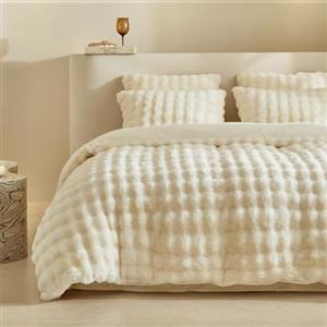 Lekesky Biancheria da letto in pile 135x200 - Biancheria da letto soffice in finta pelliccia di coniglio - Biancheria da letto invernale beige 135x200 con chiusura lampo e 1 federa con chiusura lampo