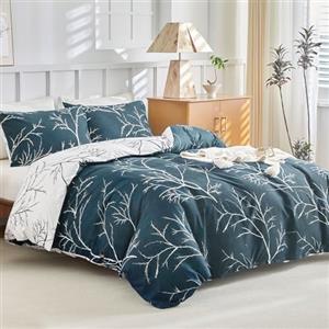 Tokokimo Copripiumino 220 x 240 cm, con 2 federe 65 x 65 cm, motivo rami e foglie, biancheria da letto 220 x 240 cm, copripiumino con chiusura lampo, colore: blu navy