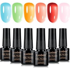 Luxbon 6 pz Jelly Gel Smalto Semipermanente per unghie Set - Estate Vibrante Colore Set Smalto Gel di lunga durata, uv led Soak Off Nail Art Designs Manicure Kit 015