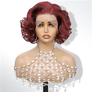 LDJOY Parrucca Bob con 13x4, 10 Pollici Capelli Sintetici Body Wave 99J# Termoresistente, Parrucca a Fascia Pizzo con Onde Naturali per Uso Quotidiano, Feste e Cosplay