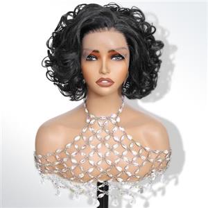 LDJOY Parrucca Bob con 13x4, 10 Pollici Capelli Sintetici Body Wave Neri Termoresistente, Parrucca a Fascia Pizzo con Onde Naturali per Uso Quotidiano, Feste e Cosplay