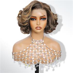 LDJOY Parrucca Bob con 13x4, 10 Pollici Capelli Sintetici Body Wave P4/27# Termoresistente, Parrucca a Fascia Pizzo con Onde Naturali per Uso Quotidiano, Feste e Cosplay