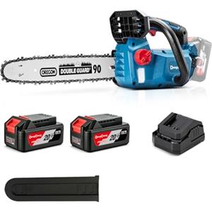 Dong Cheng DongCheng Motosega a batteria 20V, brushless, 12 m/s, lama OREGON 30cm, 2x4,0Ah. Tendicatena senza attrezzi, lubrificazione automatica, 2kg (senza batteria), Giardino, legna, potatura