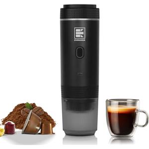 EVERANGE Macchina per caffè espresso elettrica portatile, macchina da caffè per auto da viaggio e campeggio, macchina da caffè a batteria compatibile con caffè macinato e capsule NS, nera