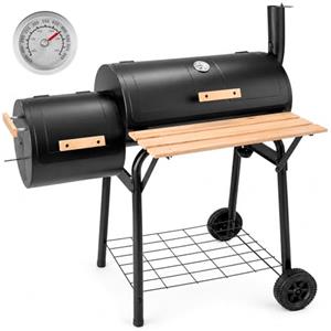EGLEMTEK Barbecue A Carbone Con Affumicatore Laterale BBQ Con Termometro Integrato Griglie Cromate Ripiano E Maniglie Griglia In Legno Ruote Per Giardino E Terrazzo 109.5 X 59 X 116 Cm Nero