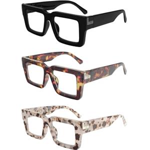 KoKoBin Confezione da 3 occhiali da lettura in stile per donna e uomo, occhiali con filtro luce blu, montatura quadrata elegante con cerniera a molla (Nero/leopardata/grigio leopardata, 2.5, x)