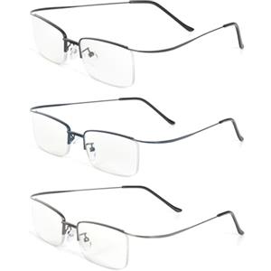 KoKoBin 3 confezioni di occhiali da lettura ultraleggeri montatura metallica a mezza cornice, rettangolari filtro luce blu per donna e uomo (Nero/Blu/Grigio, 2, x)