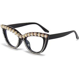 LJCZKA Occhiali Anti Luce Blu Occhi Gatto con Perle Donna, Montatura Occhiali da Vista Donna Vintage Occhio di Gatto Anti Eyestrain