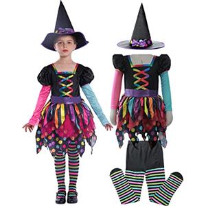 Sincere Party Deluxe Neon Strega Costume con Cappello, Collant per Ragazze 7-8 anni