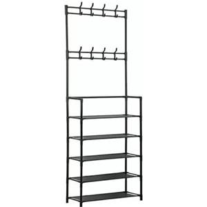 GUTEINTE Scarpiera e Cappelliera, Supporto Appendiabiti con Portascarpe, Organizzatore Multifunzione per Ingresso, Corridoio (Nero, 173x60x26cm, 5 Ripiani e 8 Ganci)