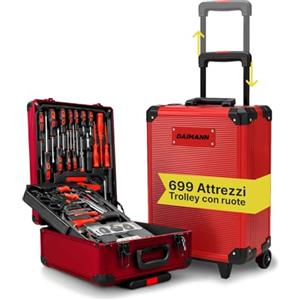 Wintem Trolley Carrello Porta Attrezzi 699 Pezzi Inclusi, Cassetta Attrezzi Completa, Acciaio Cromo-Vanadio, Ruote Silenziate, Manico Telescopico e 4 Vassoi Estraibili, Kit Utensili, Casa e Officina