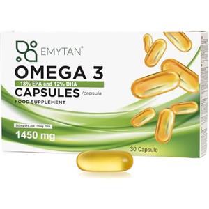 EMYTAN Omega 3 Alto Dosaggio 1450mg - 18% EPA e 12% DHA - Integratore Olio di Pesce Purificato - Supporto Funzione Cardiaca, Vista e Cerebrale - 30 Capsule