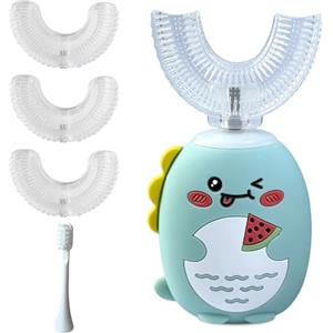 SGZIOO Spazzolino elettrico a forma di U per bambini, spazzolino da denti a ultrasuoni a 360º per bambini dai 2 ai 12 anni, spazzolino Dino con 3 testine in silicone a forma di U e 1 testina dritta, timer