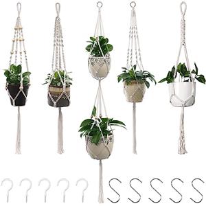 BASVII Confezione da 5 Cesti Appesi in Macramè, Portavaso Sospeso per Piante, Cesto Appeso Beige per Piante, Fioriere, Appendiabiti per Interni, Esterni, Giardino, Balcone, Terrazze e Finestre