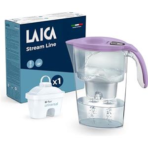LAICA Stream Line Caraffa Filtrante Acqua - 2,3L, Timer Digitale, Lilla | Filtro bi-flux universal x1 incluso, preserva sali minerali, riduce cloro, calcare e microplastiche, Made in Italy