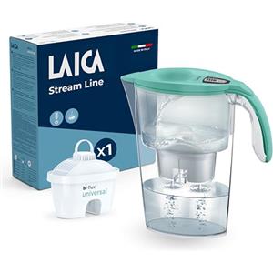 LAICA Stream Line Caraffa Filtrante Acqua (2,3L)-Timer Digitale-Preserva i Sali Minerali, Riduce Cloro, Calcare e Microplastiche-Filtro bi-flux universal Incluso-Colore Verde Acqua- Made in Italy