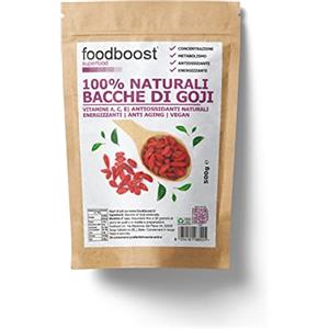 Foodboost Bacche di Goji 500g - 100% naturali da Coltivazioni Selezionate - Senza conservanti e additivi - Naturalmente ricche di Antiossidanti vitamina A, vitamina E, Omega 3, Calcio, Ferro, Zinco