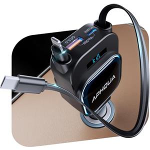 aphqua 【4‑IN‑1 96 W】 Caricabatterie per auto USB‑C accendisigari retrattile APHQUA con indicatore LED di tensione, PD‑A 36 W / 30 W & QC 30 W / 18 W, 2×70 cm cavi retrattili, spina pieghevole a 180°, compati