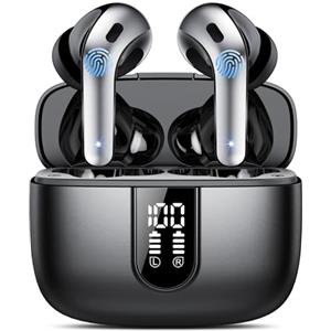 IKT Cuffie Bluetooth, 2024 Auricolari Bluetooth 5.3 Stereo HiFi con 4 HD Mic, Cuffie Wireless In Ear ENC Cancellazione Rumore, Cuffie Senza Fili con LED Display 50 Ore, IP7 Impermeabile, Nero