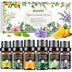 AESHORY Set di Oli Essenziali per Diffusori 6 x 10ML, 100% Puri Naturali Olio Essenziale Profumate per Aromaterapia, SPA, Massaggio - Lavanda, Tea Tree, Menta Piperita, Eucalipto, Arancia Dolce