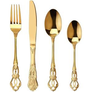 SHEUMNT Set Posate 24 Pezzi Stile Retro Oro - Elegante Servizio per 6 Persone, Posate in Acciaio Inox con Finitura Antica Barocca, Set Completo con Forchette, Cucchiai e Coltelli
