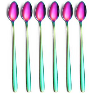 tiokin 6 cucchiai da gelato lunghi 19,8 cm, in acciaio inox, cucchiai lunghi con manico lungo, cucchiaini da caffè, cucchiaini da dessert, cucchiaio da long drink per latte macchiato(Colore Arcobaleno)