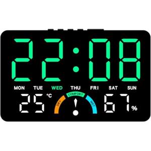 CWOQOCW Grande orologio digitale a LED con ora, umidità, temperatura, data, sveglia e indicatori di livello di comfort, progettato per appendere alla parete o installazione piatta (verde)