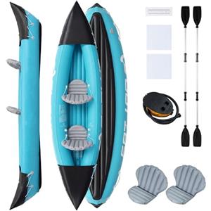 HOMASIS Kayak Gonfiabile a 2 Posti, Canoa Gonfiabile Portatile con 2 Sedili Imbottiti, 2 Pagaie in Alluminio, 3 Camere d'Aria e Pompa a Pedale, Kayak da Pesca in PVC per Lago e Mare, 321 x 92 x 45 cm