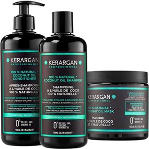 Kerargan - Trio Idratante Shampoo, Balsamo & Maschera all'Olio di Cocco - Idratazione Profonda per Capelli Danneggiati e Secchi - Senza Solfati, GMO, Silicone - 3x500 ml