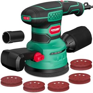 HYCHIKA BETTER TOOLS FOR BETTER LIFE HYCHIKA 450W Levigatrice Orbitale, Sei velocità da 6000-12000 OPM, efficiente sistema di raccolta della polvere con 20 pezzi di dischi abrasivi 125mm, ideale per la levigatura di metallo e legno