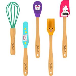 Chefclub Kids - Utensili da cucina per bambini - 5 pezzi: frusta, spatola, paletta, pennello, cucchiaio - Manici in bambù, teste in silicone senza BPA - Accessori cucina bambini - Dai 4 anni in su