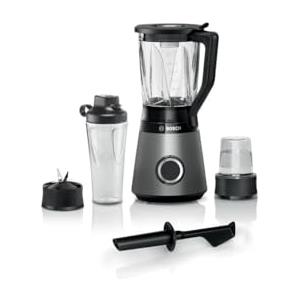 Bosch Serie 4 Frullatore VitaPower MMB6177S, 1200 W, 30.000 giri/min, Lame in Acciaio Inox, Frullatore da 1.5 L, Borraccia da 0.6 L, Tritatutto e Pestello Inclusi, Lavabili in Lavastoviglie, Argento